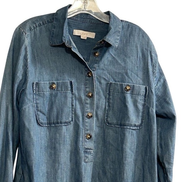 Ann Taylor LOFT Women's M Blue Denim Long Sleeve Tunic Dress Short Side Pockets - Picture 4 of 16
